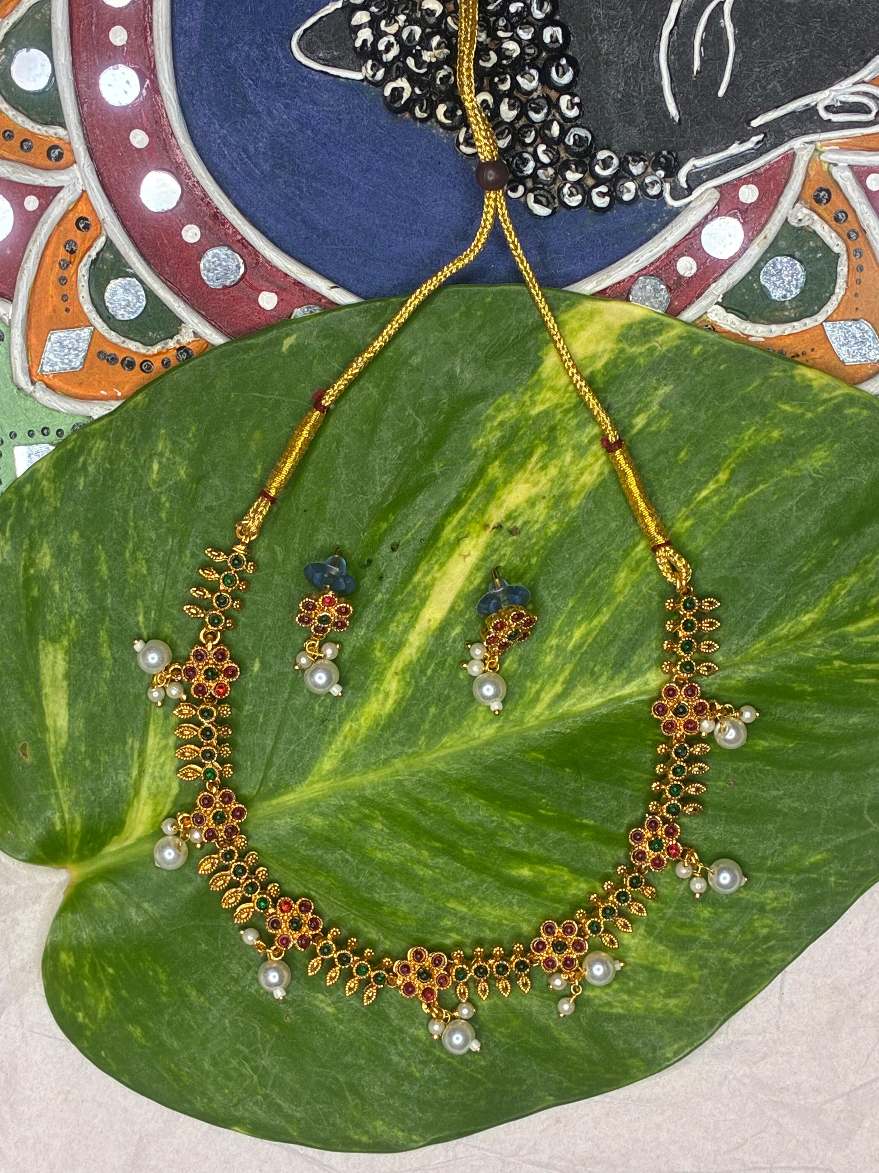 NEW ARRIVAL! Flower motif temple jewellery category simple neck piece with Ear rings!
