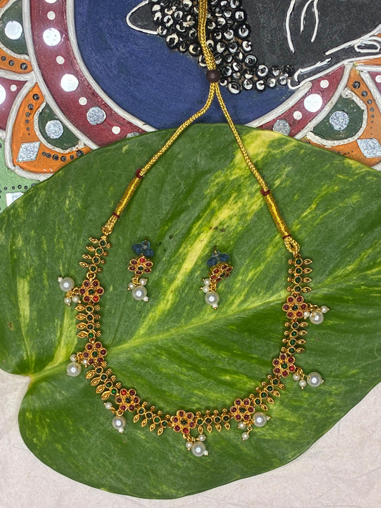 NEW ARRIVAL! Flower motif temple jewellery category simple neck piece with Ear rings!