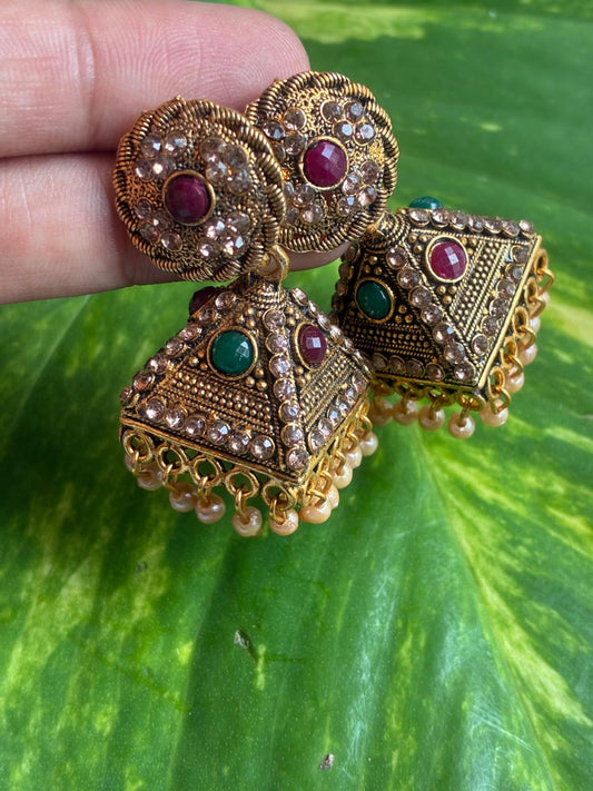 NEW Arrival| CONE & Chakra model temple ear rings with Green & Red stones