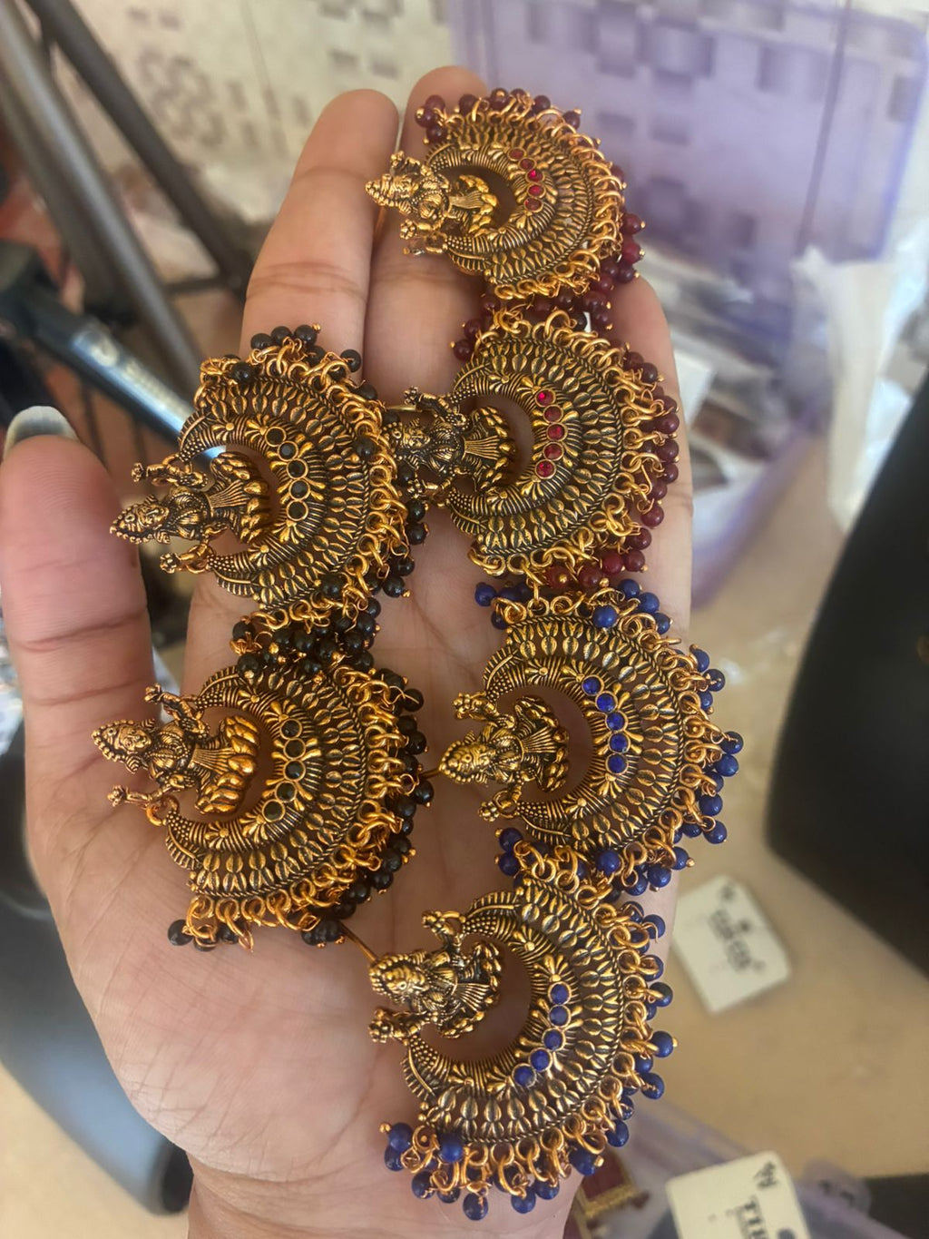 NEW STOCK|SARASWATHY Ear ring Temple Jewellery|Blue-Black-Meroon Colours